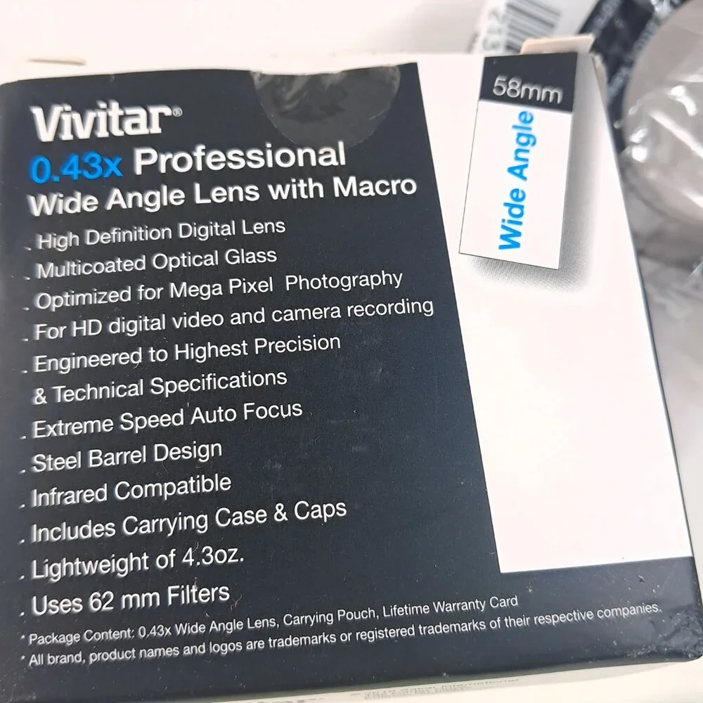 Camera lens set Nikon Wc-E63 Vivitar 58mm Wide Angle .43x Telephoto 2.2x Hood‎